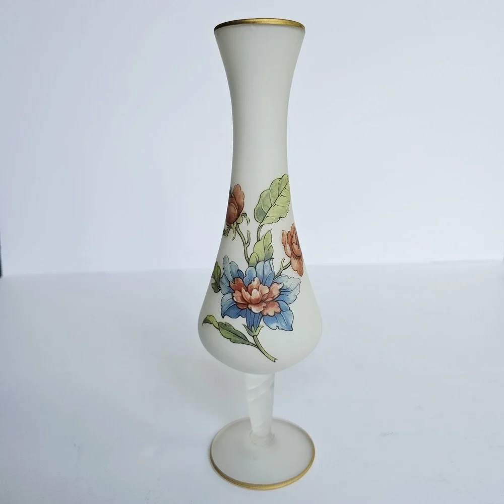 Vintage Frosted Satin Glass‎ Bud Vase Hand Painted Floral Gold Rim Decor 10.5in